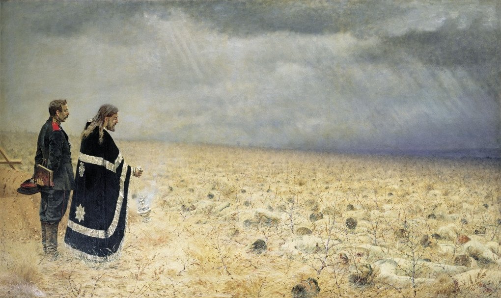 Vasily Vereshchagin, Mourning the Fallen Soldiers, 1878-1879. Oil on canvas, 179,7 x 300,4 см. State Tretiakov Gallery, Moscow Vasily Vereshchagin, Mourning the Fallen Soldiers, 1878-1879. Oil on canvas, 179,7 x 300,4 см. State Tretiakov Gallery, Moscow