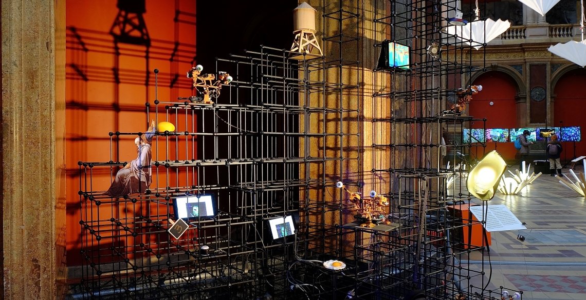 Anna Frants and Cyland MediaLab, "#0" from the series, "Explosion of a Can of Condensed Milk After Water Has Evaporated" robotics, video, mechanisms, found objects, polypropylene grid St Petersburg, RU / New York City, USA, 2016 Anna Frants and Cyland MediaLab, "#0" from the series, "Explosion of a Can of Condensed Milk After Water Has Evaporated" robotics, video, mechanisms, found objects, polypropylene grid St Petersburg, RU / New York City, USA, 2016