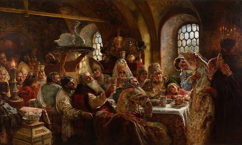Konstantin Makovsky, A Boyar Wedding Feast, 1883. Oil on canvas, 240 cm × 390 cm (94 in × 150 in). Hillwood Estate, Museum, and Gardens, Washington D.C. Konstantin Makovsky, A Boyar Wedding Feast, 1883. Oil on canvas, 240 cm × 390 cm (94 in × 150 in). Hillwood Estate, Museum, and Gardens, Washington D.C.